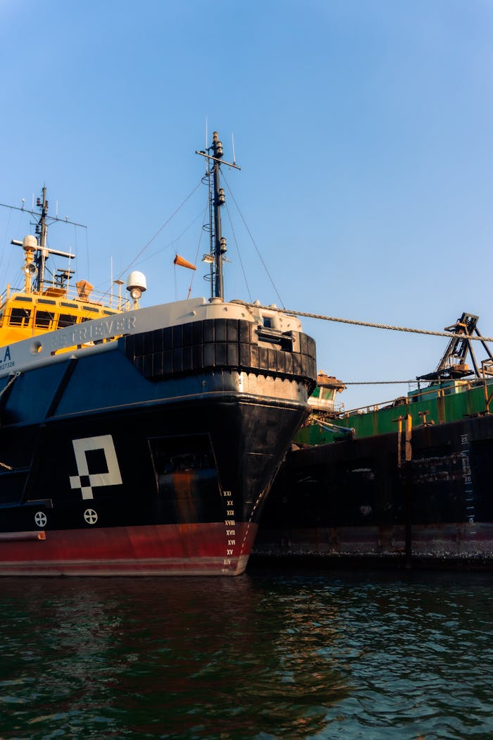 Large black and yellow ships docked at a harbor in Mexico under a clear blue sky.
