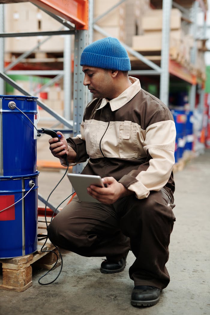 Man in beanie inspects warehouse drum, using a tablet for inventory.